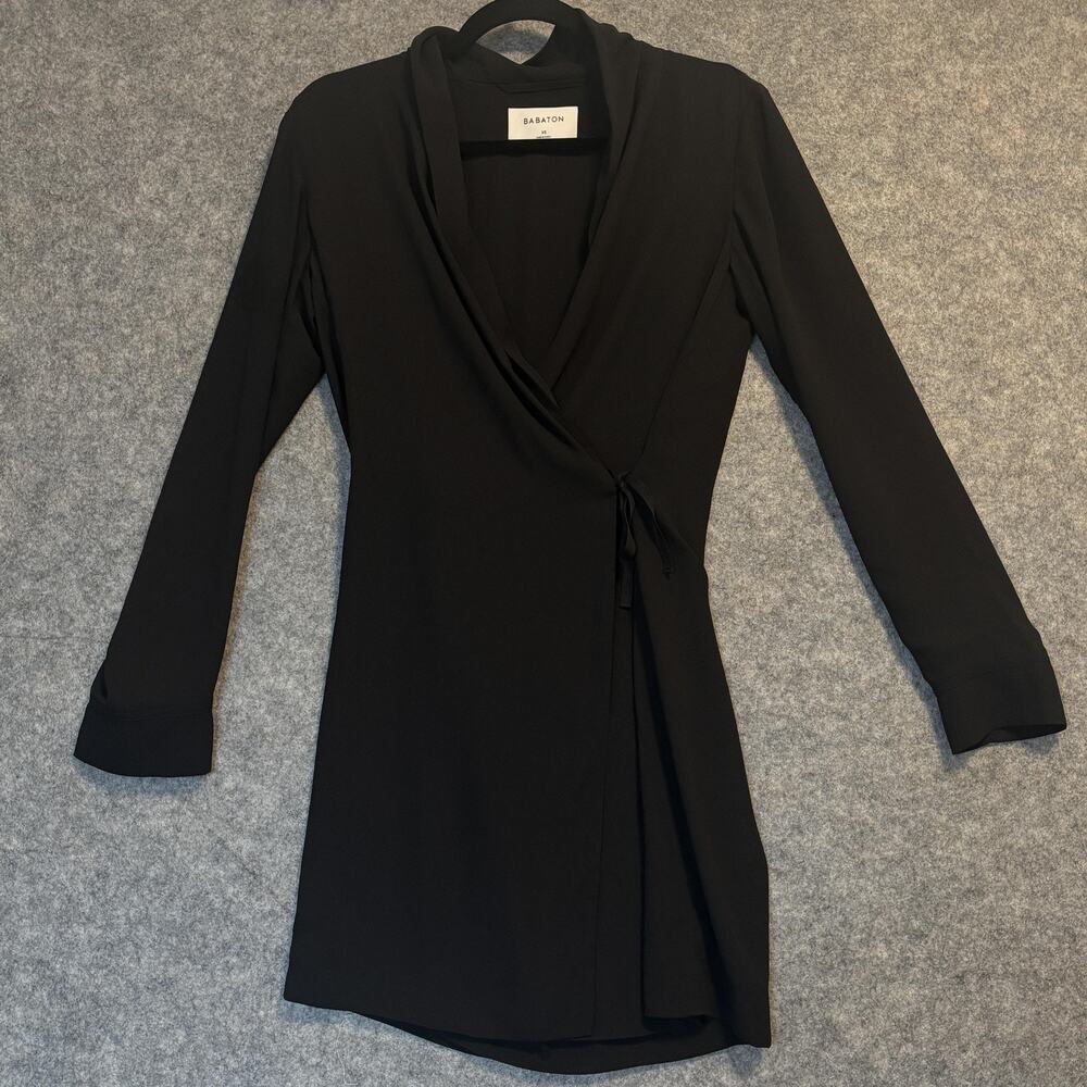 Babaton Dress Womens Size XS Black Wrap Long Sleeve Mini Surplice Tie Waist